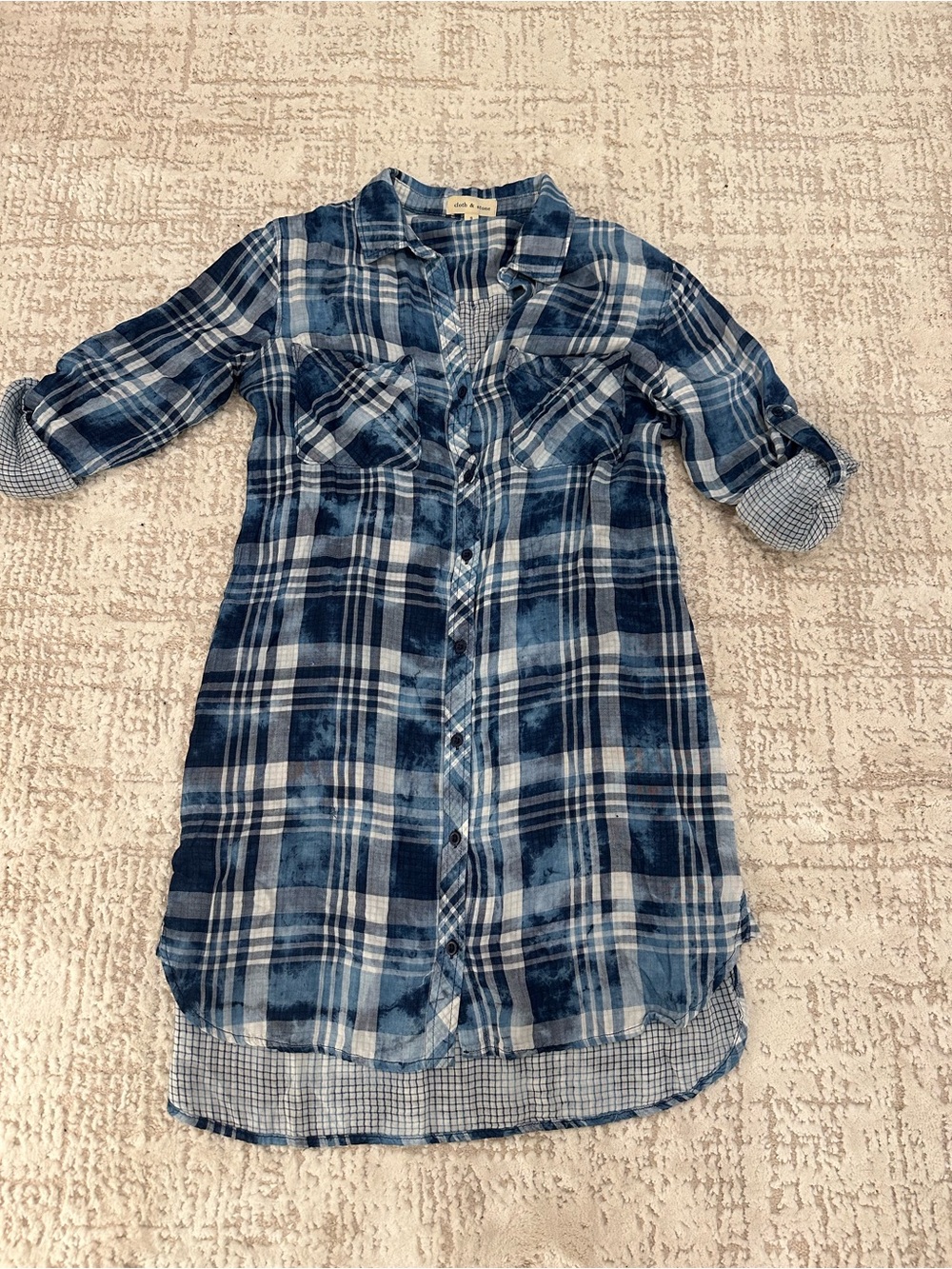 Cloth & Stone Blue & White Plaid Shirt Dress Small Roll Tab Sleeve Tunic